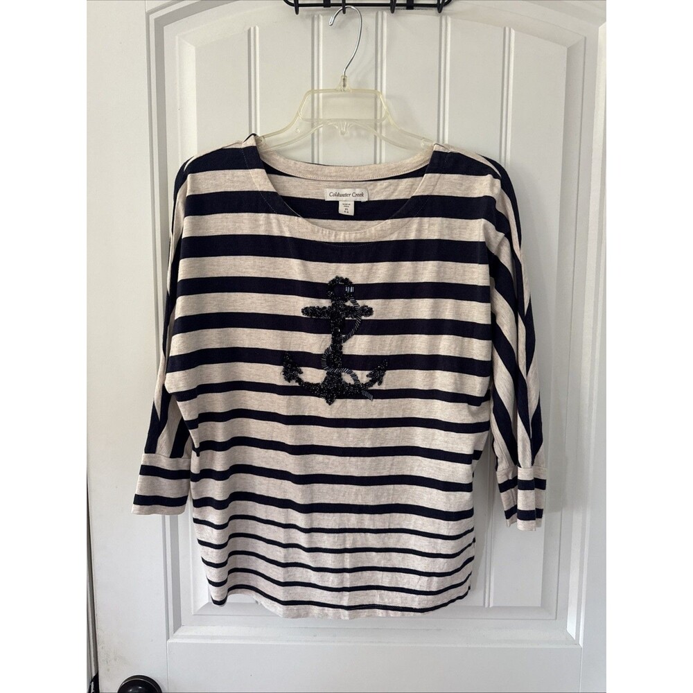 Coldwater Creek womens Navy Stripe 3/4 sleeve Bling Anchor top XS 4-6